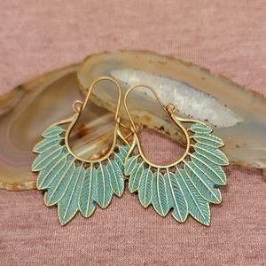 Bronze Copper Patina Earrings Feathers Leaves Vintage Boho Style